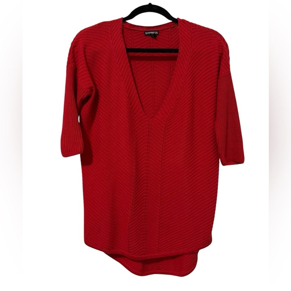 Express 100% Cotton Red Knit V-Neck Sweater (Size XS)